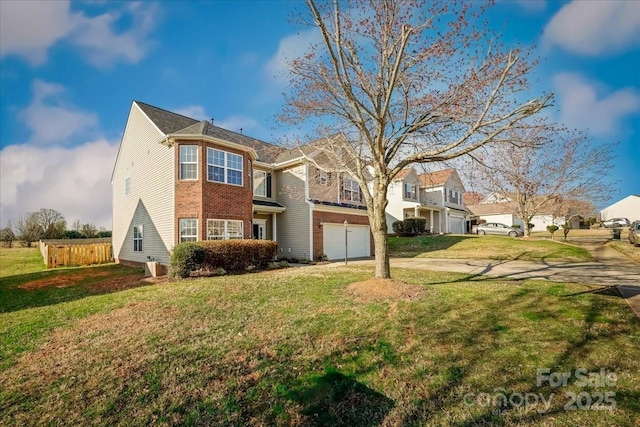 view of front of home featuring concrete driveway, a garage, brick siding, and a front lawn