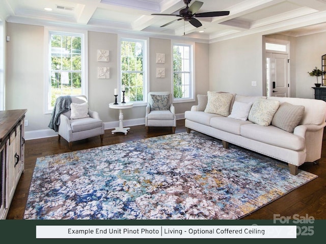 living room featuring beam ceiling, visible vents, coffered ceiling, and a ceiling fan