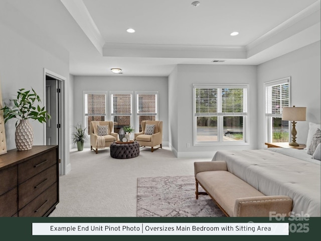 bedroom featuring baseboards, a tray ceiling, recessed lighting, crown molding, and carpet flooring