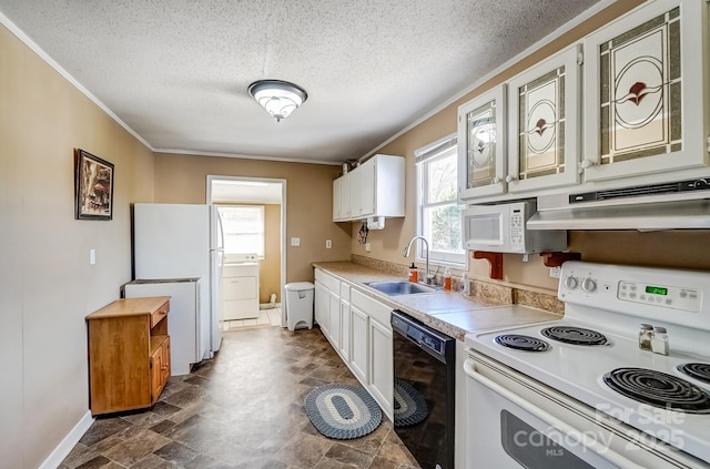 kitchen with light countertops, ornamental molding, a sink, white appliances, and under cabinet range hood