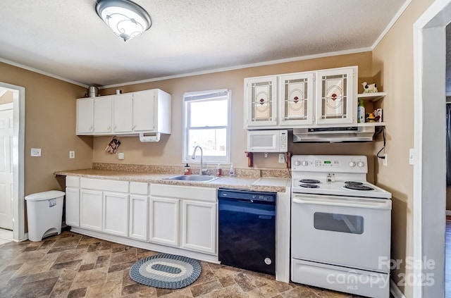 kitchen featuring under cabinet range hood, white appliances, a sink, white cabinets, and ornamental molding