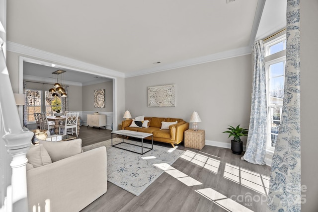 living room with hardwood / wood-style flooring and crown molding