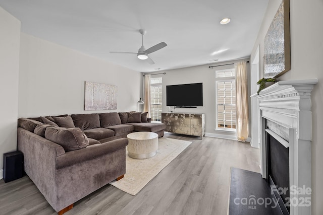 living room with ceiling fan and light hardwood / wood-style flooring