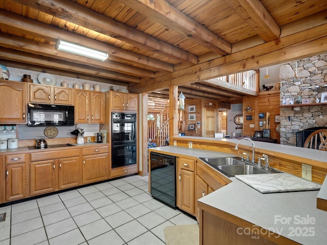 kitchen featuring black appliances, wooden ceiling, light tile patterned flooring, a sink, and beam ceiling