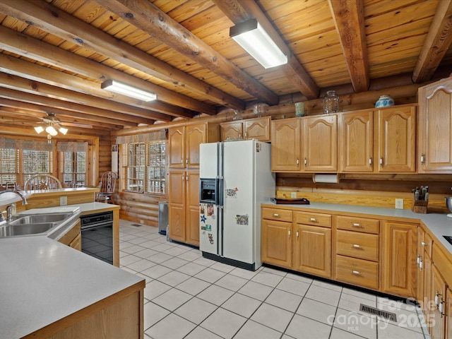 kitchen featuring log walls, white fridge with ice dispenser, a sink, wood ceiling, and light tile patterned flooring