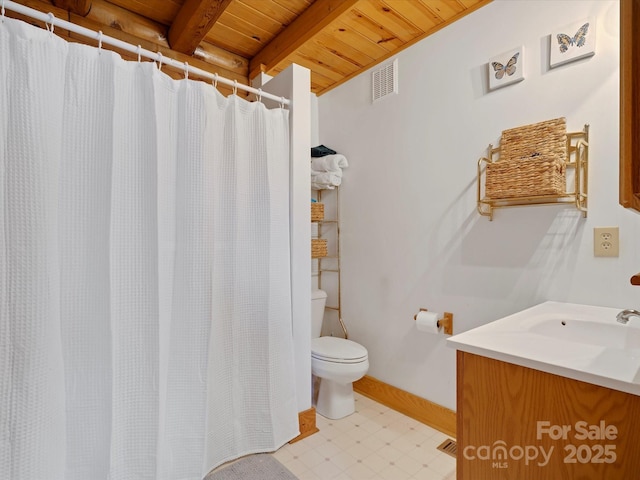 full bath with visible vents, toilet, wood ceiling, beamed ceiling, and tile patterned floors