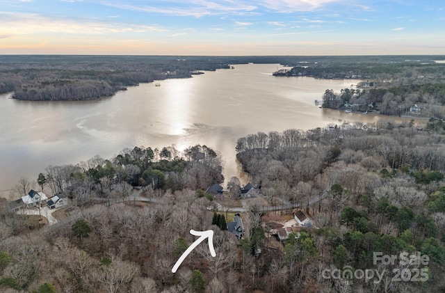 aerial view at dusk featuring a water view