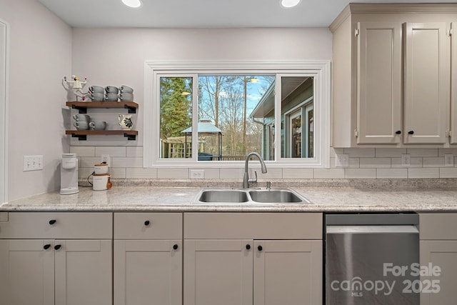 kitchen with a sink, open shelves, dishwasher, decorative backsplash, and light countertops