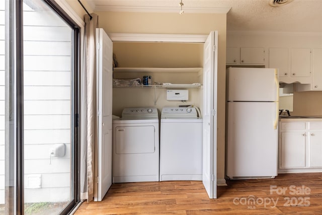 clothes washing area with crown molding, independent washer and dryer, a textured ceiling, and light wood-type flooring