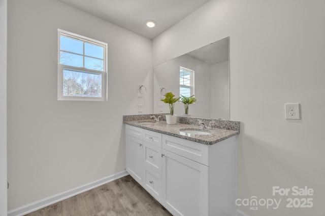 bathroom featuring double vanity, wood finished floors, a sink, and baseboards