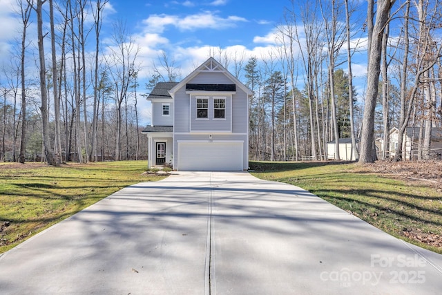 view of property exterior featuring driveway, a lawn, an attached garage, and roof with shingles