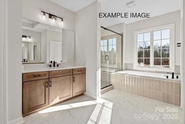 11016 Tyler Brook Ln Unit Oak0036, Mint Hill, NC 28227 - full bath featuring vanity, a bath, a stall shower, and marble finish floors