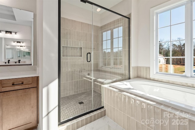 11016 Tyler Brook Ln Unit Oak0036, Mint Hill, NC 28227 - bathroom with a garden tub, a shower stall, vanity, and marble finish floors