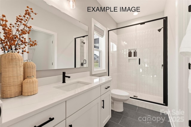 11016 Tyler Brook Ln Unit Oak0036, Mint Hill, NC 28227 - bathroom with vanity, tile patterned floors, a stall shower, and recessed lighting