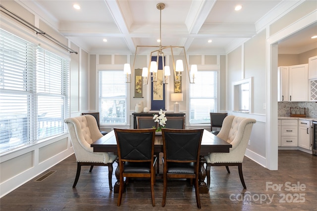 dining room featuring beam ceiling, dark wood-type flooring, an inviting chandelier, and coffered ceiling