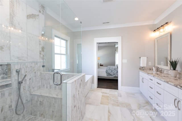 bathroom with ornamental molding, plus walk in shower, and vanity