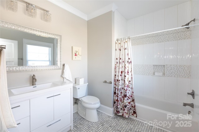 full bathroom featuring shower / bath combination with curtain, vanity, tile patterned flooring, and toilet