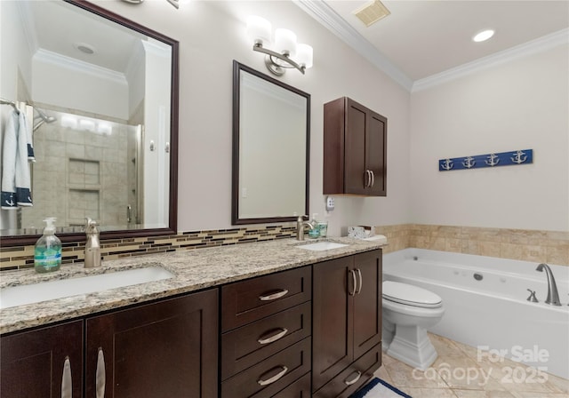 full bathroom with toilet, ornamental molding, vanity, plus walk in shower, and backsplash