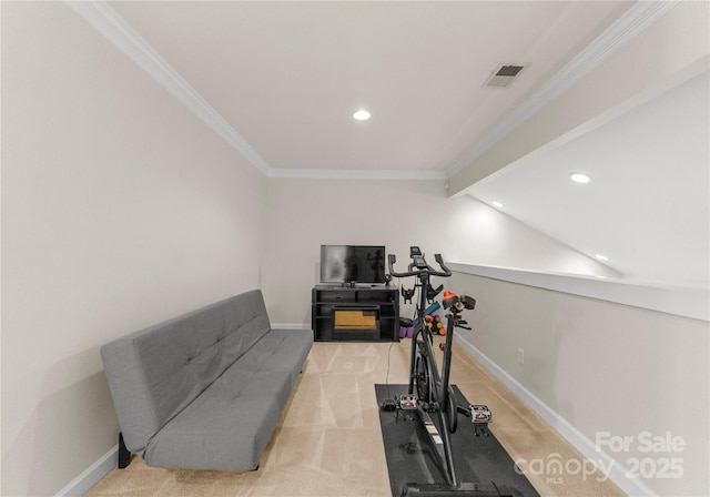 workout area featuring ornamental molding, vaulted ceiling, and light carpet