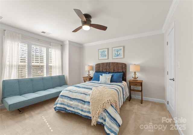 bedroom with ceiling fan, ornamental molding, and light carpet