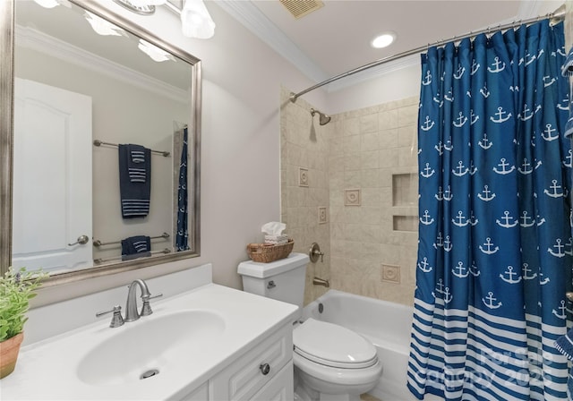 full bathroom with shower / bath combination with curtain, ornamental molding, toilet, and vanity