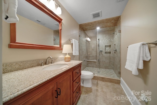 full bath with a stall shower, visible vents, toilet, and vanity