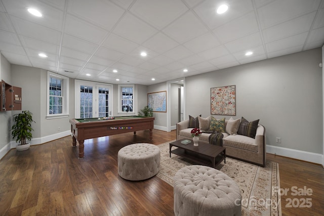 rec room featuring recessed lighting, billiards, baseboards, and wood finished floors