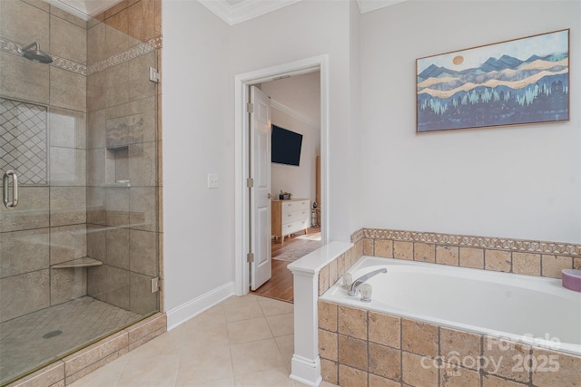 bathroom featuring tile patterned floors, plus walk in shower, and crown molding