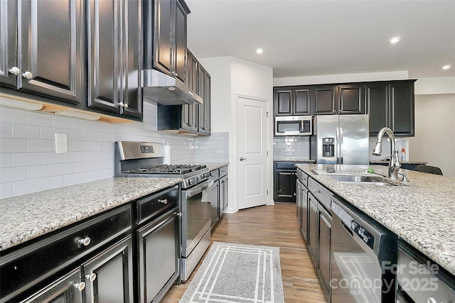 kitchen featuring tasteful backsplash, light wood-style floors, appliances with stainless steel finishes, under cabinet range hood, and a sink