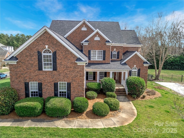 view of front of property featuring roof with shingles, fence, a front lawn, and brick siding