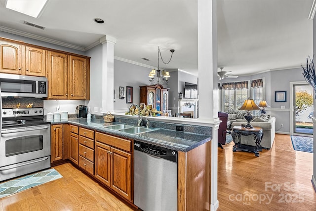 kitchen featuring a peninsula, a sink, open floor plan, appliances with stainless steel finishes, and brown cabinetry