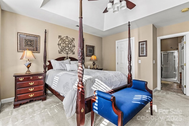 bedroom with baseboards, a ceiling fan, and light colored carpet