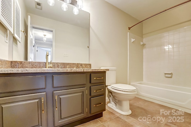 full bath with tile patterned flooring, toilet, vanity, visible vents, and shower / bathing tub combination