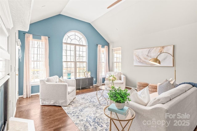 living room with ceiling fan, lofted ceiling, and wood-type flooring