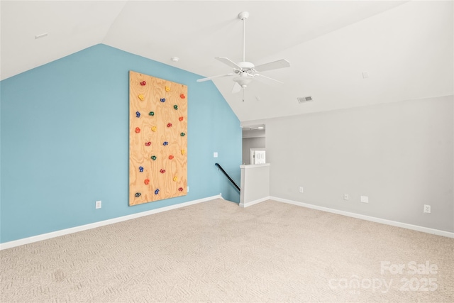 bonus room featuring carpet flooring, ceiling fan, and vaulted ceiling