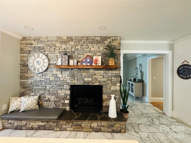 living room with a stone fireplace and ornamental molding