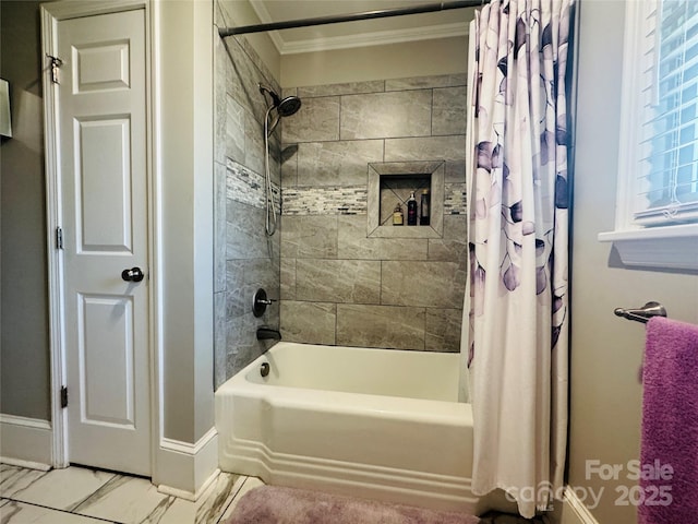 bathroom featuring ornamental molding and shower / tub combo with curtain