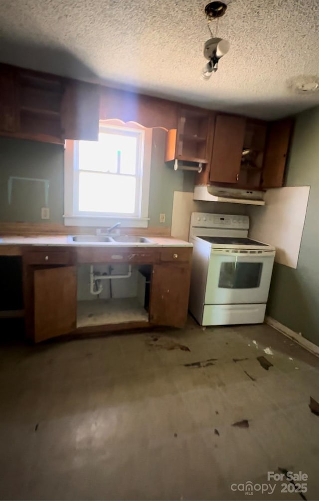 kitchen with sink, white electric range oven, and a textured ceiling