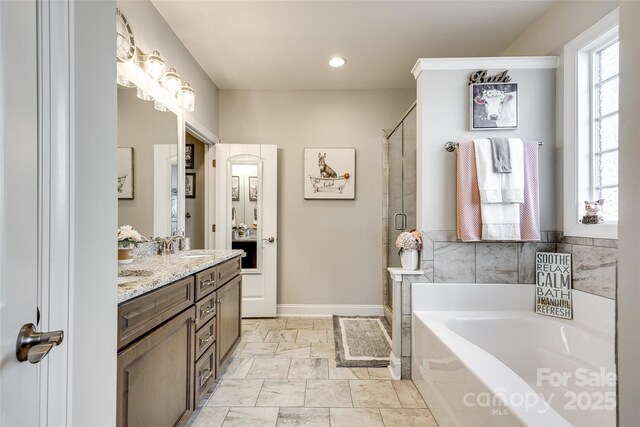 bathroom with a bath, a stall shower, baseboards, recessed lighting, and vanity