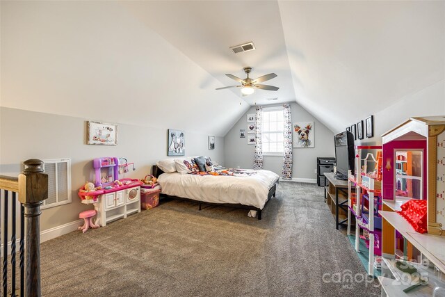 carpeted bedroom with vaulted ceiling, visible vents, a ceiling fan, and baseboards