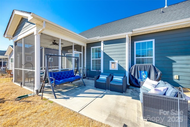 view of patio featuring an outdoor hangout area, a sunroom, and ceiling fan