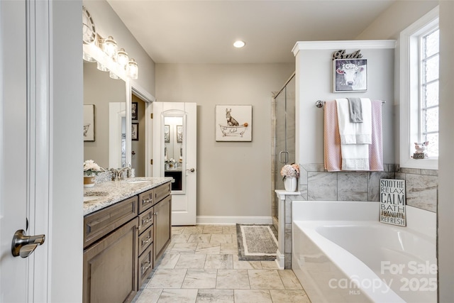 1024 Mayapple Way, Belmont, NC 28012 - full bath featuring a bath, a stall shower, vanity, marble finish floors, and recessed lighting