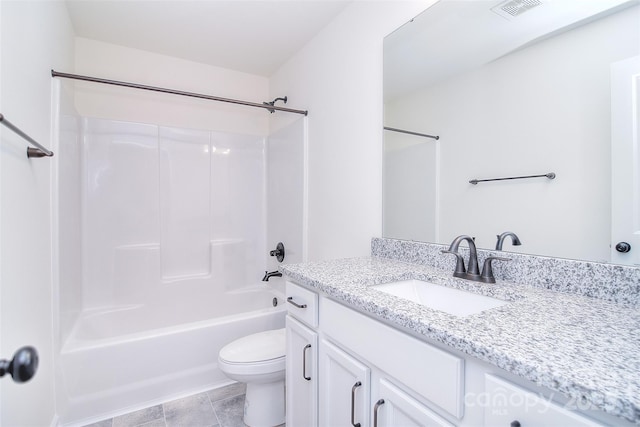 full bathroom with toilet, shower / tub combination, vanity, and visible vents