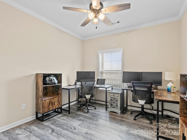 35 Dawson Steele Ct, Asheville, NC 28803 - office area with ornamental molding, wood finished floors, and a ceiling fan