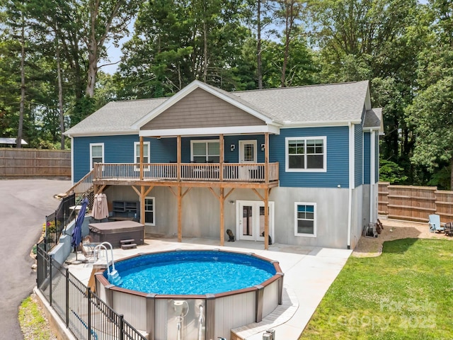 35 Dawson Steele Ct, Asheville, NC 28803 - rear view of property with a hot tub, roof with shingles, a patio area, french doors, and a wooden deck