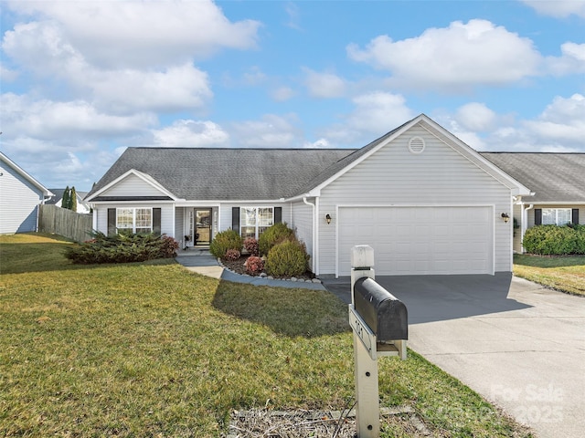 single story home with a garage and a front yard