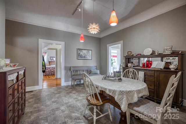 dining space with crown molding and rail lighting