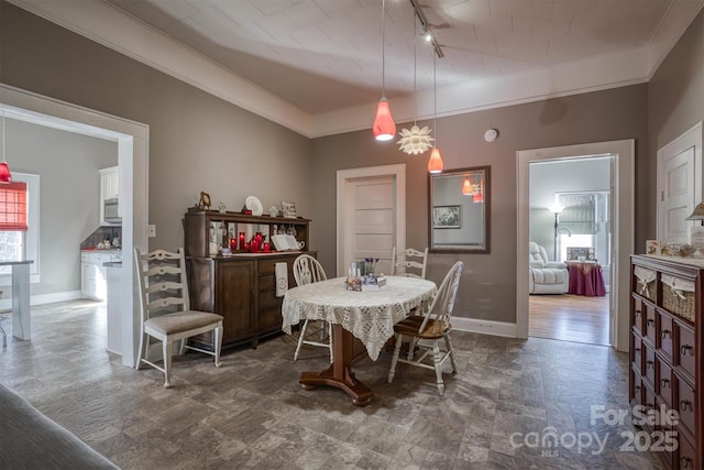 dining space with crown molding and rail lighting