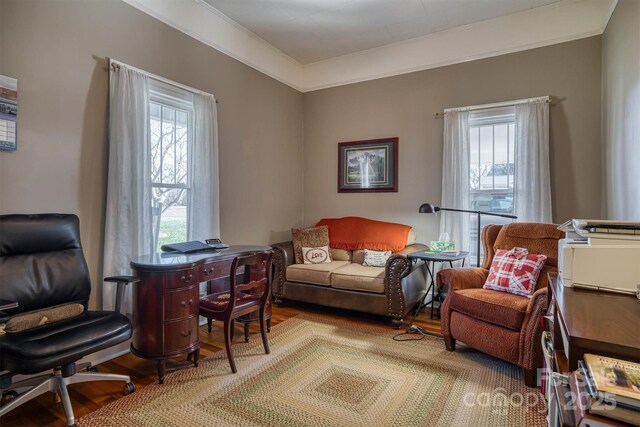 sitting room with a healthy amount of sunlight, light hardwood / wood-style flooring, and crown molding