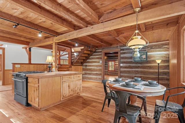 14 Woods Rd, Fairview, NC 28730 - kitchen featuring gas range, a wood ceiling with exposed beams, light brown cabinetry, light wood-style floors, and rail lighting